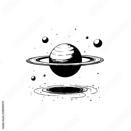 Monochrome celestial system rendering showcasing planets, rings, and cosmic singularity
