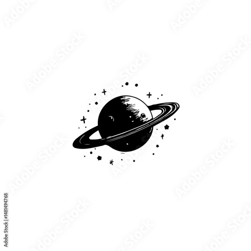 Monochrome depiction of a celestial body surrounded by cosmic fragments and bands