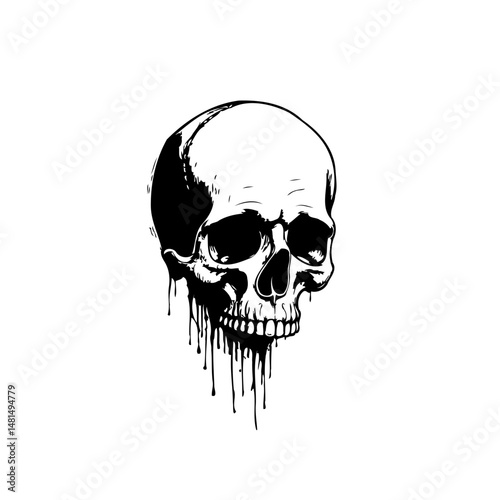 Monochrome illustration of a dripping skull against a stark white backdrop