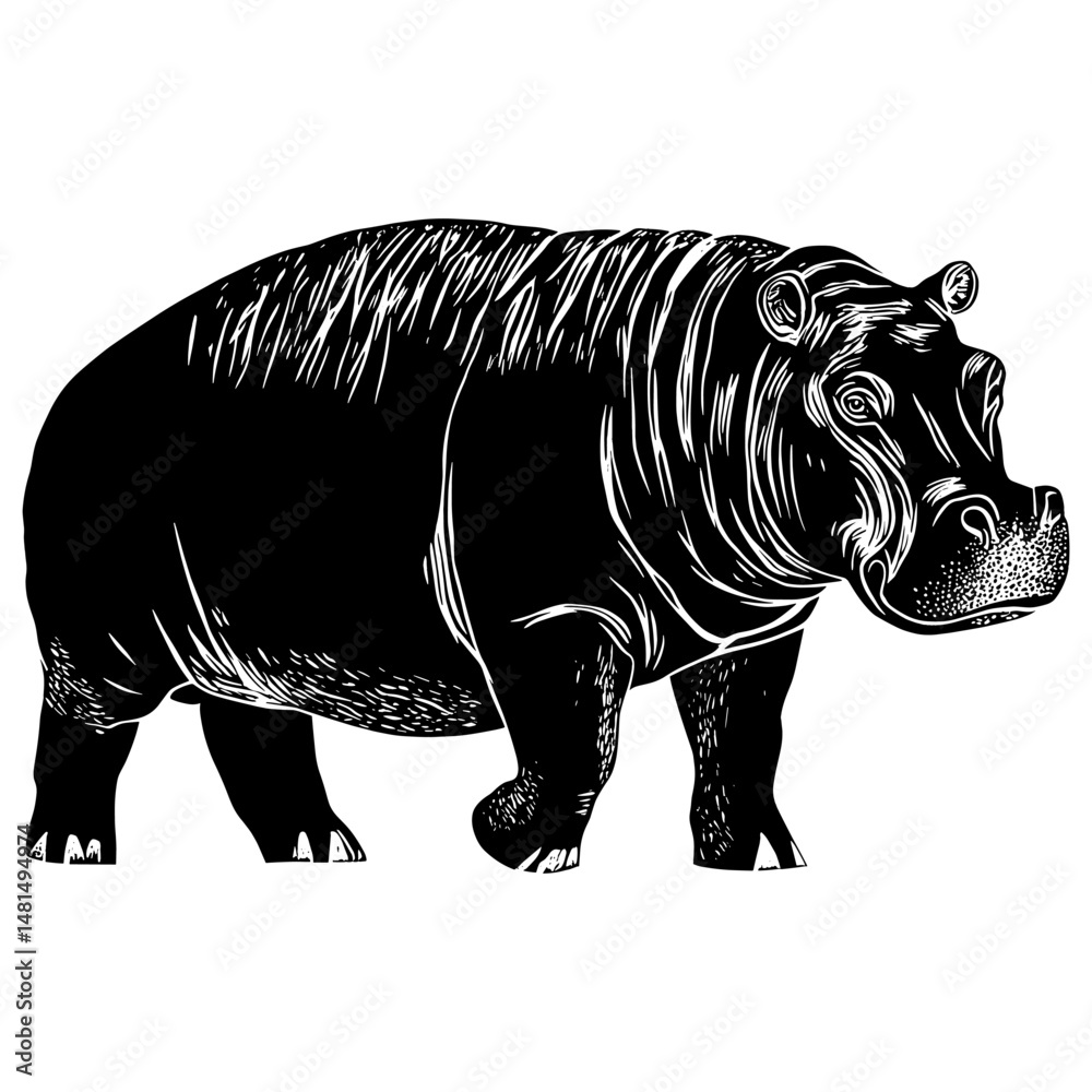 Fototapeta premium Cute hippo wood block print wildlife animal white vector