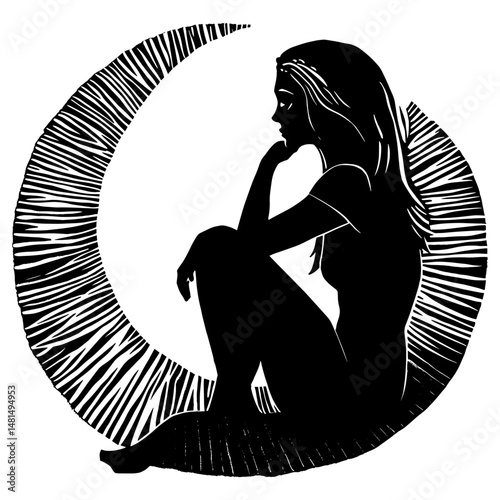 Moon wood block print silhouette woman contemplative vector