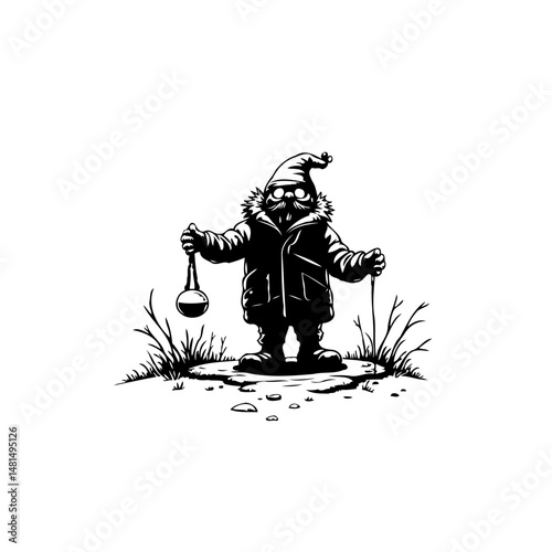 Whimsical figure in a hooded coat standing holding an orb and stick