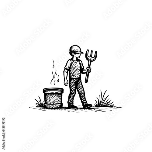 Whimsical monochrome scene of a child tending to a smoldering grill outdoors
