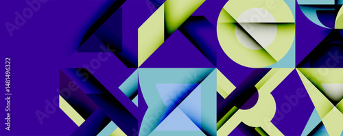 Abstract geometric shapes, vibrant colors, purple dominates. Light green, blue accents create dynamic composition. Modern design.