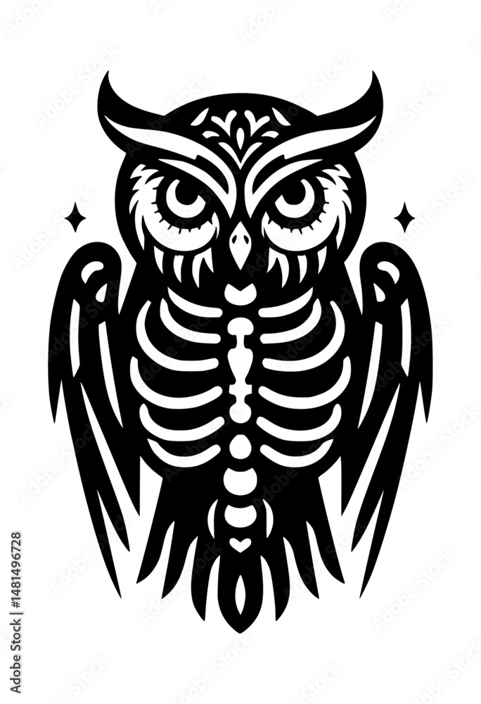 Obraz premium Black Owl Skeleton Vector Logo White Background