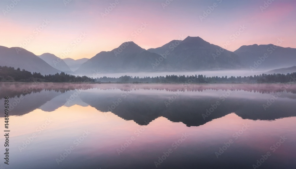 Fototapeta premium Morning fog creates a scenic view of the lake at sunrise, with reflections on the calm water under the vast sky