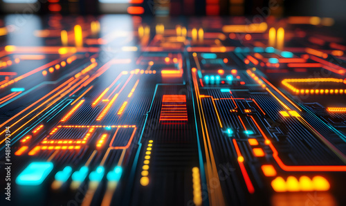 Abstract glowing circuit board texture; vibrant orange, teal, and red illuminated lines on dark background. Ideal for tech, futuristic, and digital concepts.