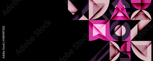 Abstract geometric shapes, pinks, purples dominate black background. Complex design, modern aesthetic, intriguing composition.