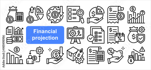 Financial projection icon collection set. Containing budget, forecast, revenue, expense, profit, loss, cashflow, investment, depreciation icon. Simplel ine vector illustration.