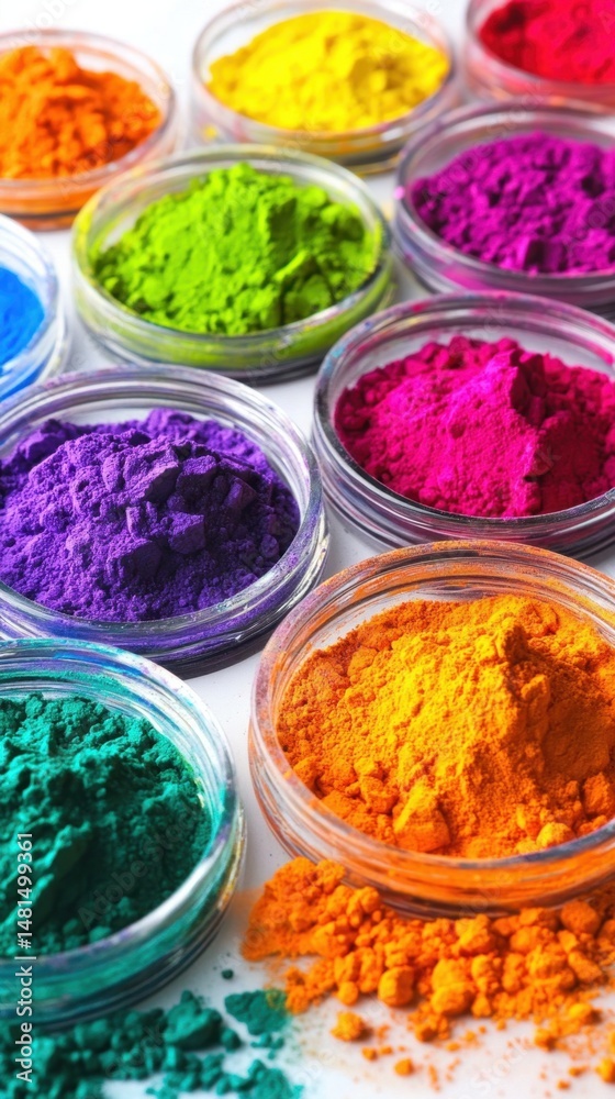 Colorful Holi Powders in Glass Bowls Close Up Overhead Shot for Indian Festival Celebration and Artistic Expression Colorful Holi Powders in Glass Bowls Close Up Overhead Shot for Indian Festival Celebration and Artistic Expression