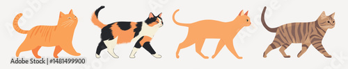 Colorful illustrated cats walking, isolated vector set