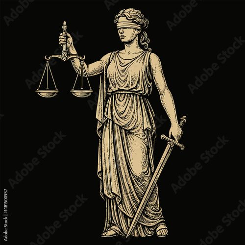 Standing Woman Statue Holding Scales and Sword on Black Background