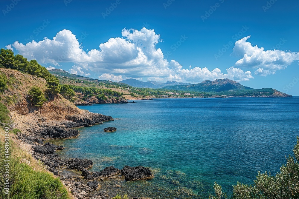 Obraz premium Summer Day Beach. Scenic View of Blue Sea and Sky in Tranquil Nature