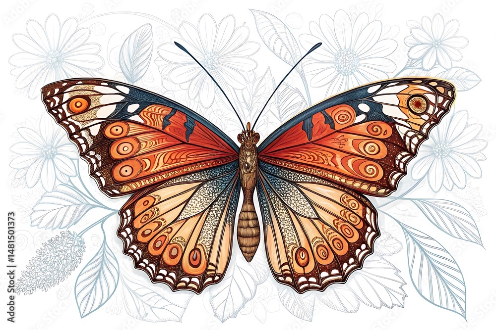 Fototapeta premium Ornate Butterfly with Decorative Floral Background