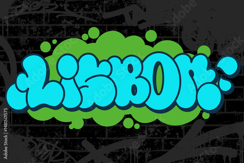 Graffiti throw-up text “Lisbon” in bold bubble letters on black brick wall background. Decorated with graffiti scribbles for raw street vibe. Great for posters, apparel, and digital art.
