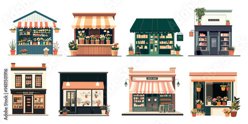 Charming storefronts with colorful designs, isolated vector set
