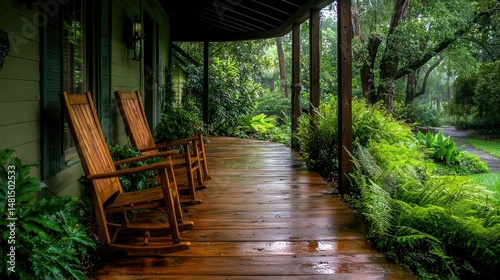 Wooden rocking chairs sitting on a covered outdoor wooden porch