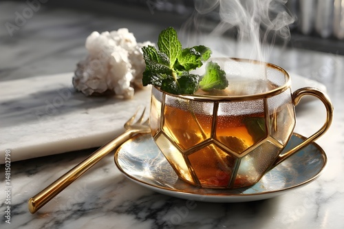 Herbal tea with cookies and mint in glass cup