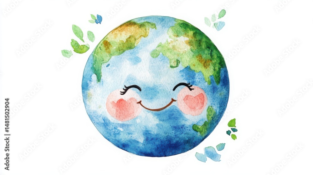 Naklejka premium A cute, smiling Earth illustration with rosy cheeks and watercolor textures, surrounded by small green leaves on a white background.