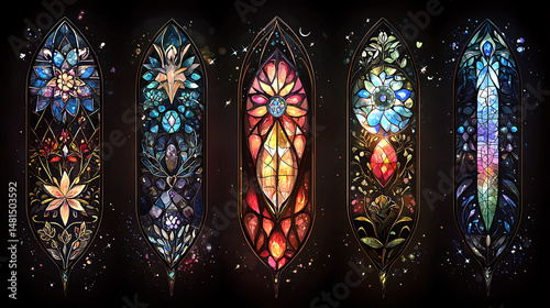 Stunning stained glass windows featuring intricate floral designs and vibrant colors, creating magical atmosphere