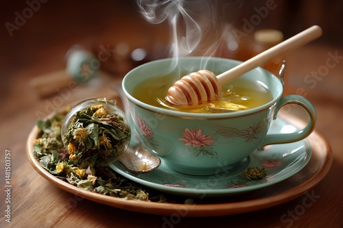 Cup of tea with honey, herbs and cookies