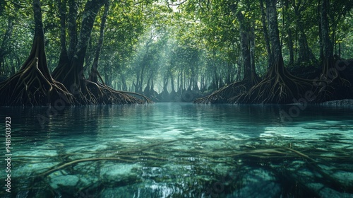 Sunlight filters through dense mangrove trees and clear water, revealing tangled roots and lush greenery in a serene, natural wetland.