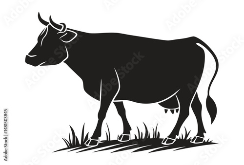 Black cow silhouette with vector grass isolated on white background.