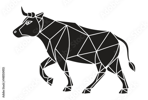 Vector silhouette cow with geometric shapes on white background.