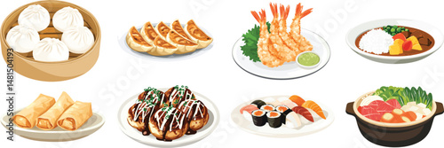 Illustration of various Asian dishes including dumplings, sushi, and curry, vector set