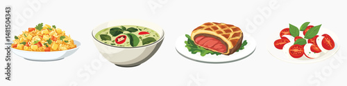 Illustration of various dishes: rice, soup, beef Wellington, and caprese salad, vector set