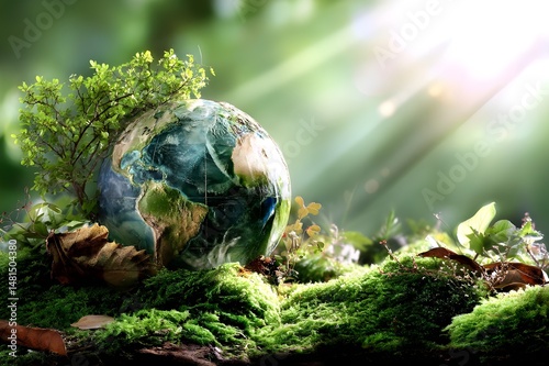 Earth globe on moss with magical sunlight beams	