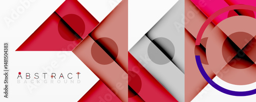 Geometric shapes overlap, creating dynamic composition. Red, gray, pink hues dominate design. Modern aesthetic, clean lines present.