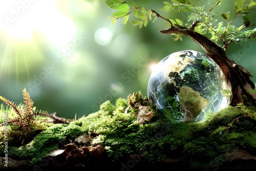 Earth globe resting on lush green forest floor