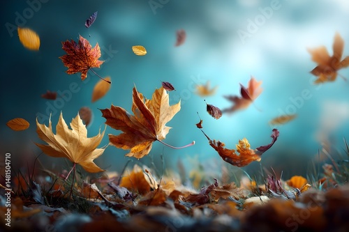 Autumn leaves swirling in wind with blue sky photo