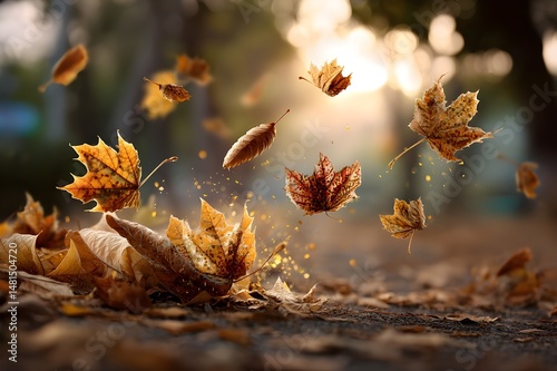 Brown autumn leaves falling on forest floor