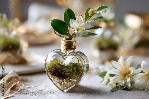 Heart-shaped glass ornament with flower and soft bokeh