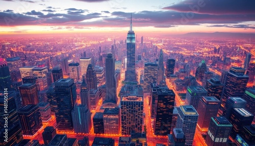 Futuristic cityscape panorama, illuminated buildings, orange glow, sunset skyline