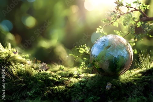 Green moss landscape with Earth globe glowing in light