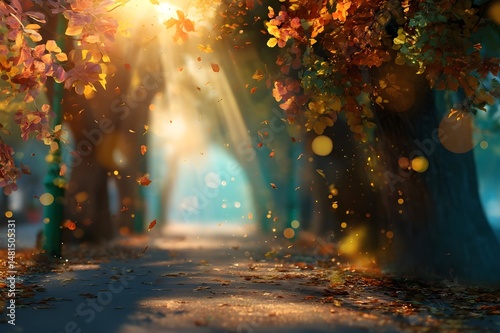 Autumn park path with glowing lights and falling leaves