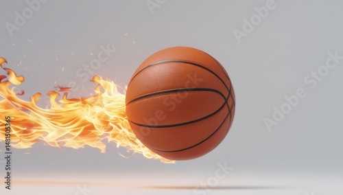 Pelota de basquetbol avanzando en llamas sobre fondo gris.
