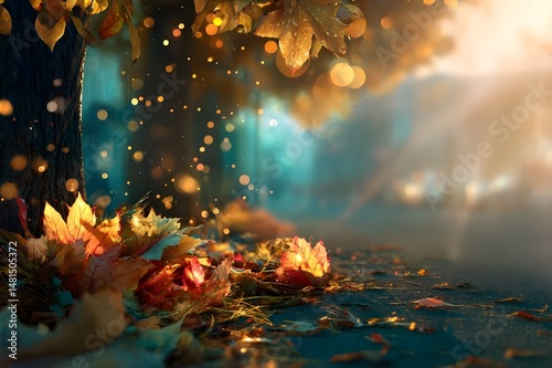 Autumn leaves in forest with magical blue backlight