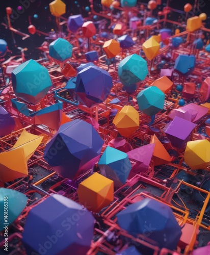 Abstract geometric shapes, vibrant colors, digital network , graphic, data