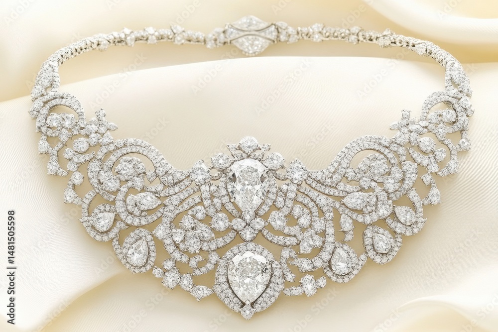 Obraz premium Elegant Diamond Necklace Close-Up on Silk Background, Bridal Jewelry, Luxury Fashion, Studio Shot, High-End Design