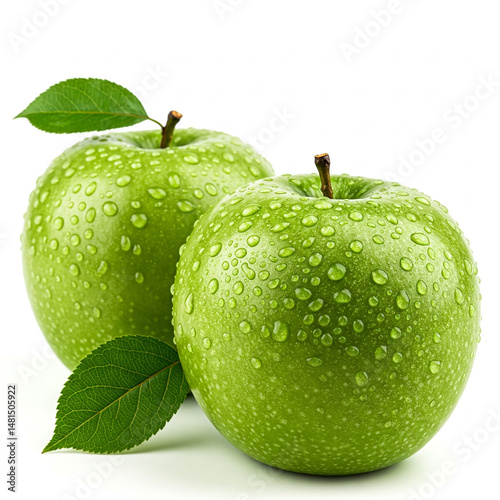Two fresh green apples with water droplets and green leaves on a white background