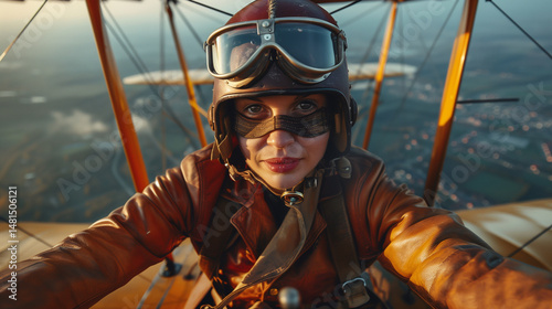 Vintage Pilot Flying Biplane Over Countryside

