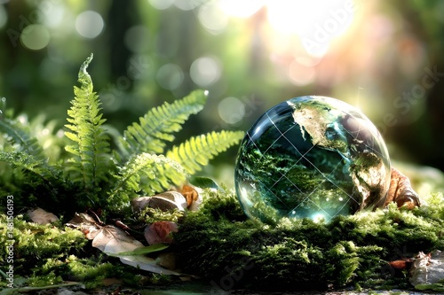 Glass globe resting on moss in sunlit forest