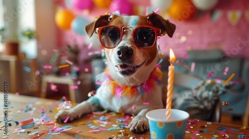 Cute brown Chihuahua puppy wearing a birthday hat sitting next to a birthday cake with candles