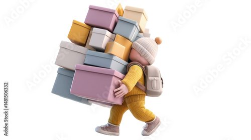 Child carrying numerous colorful gift boxes. transparent background