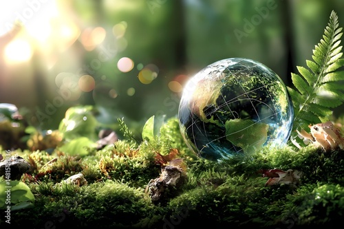 Earth globe on moss under forest sunlight