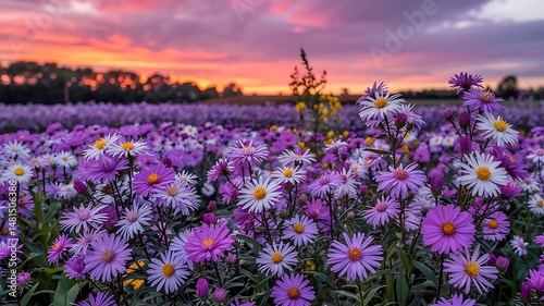 Field of purple and white aster flowers under a dramatic sunset sky